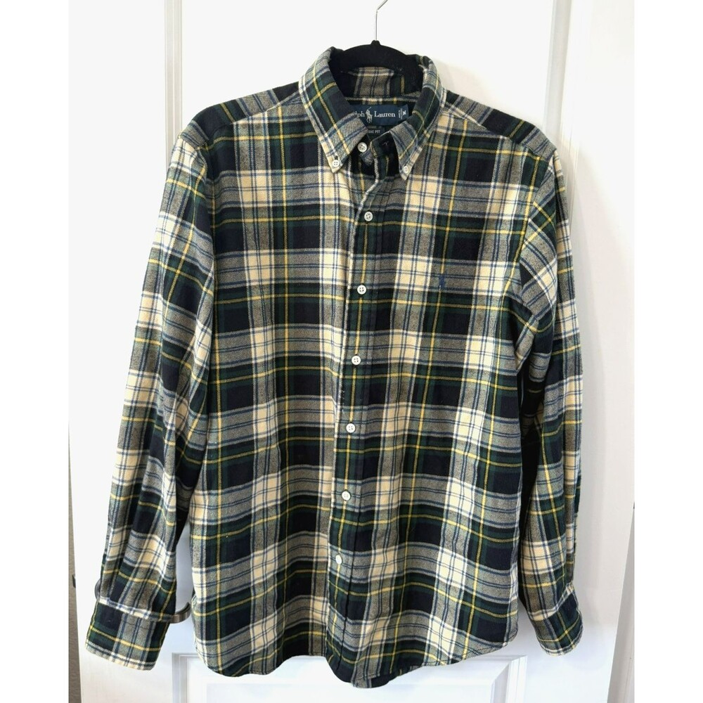 Ralph Lauren Mens M Classic Fit Whitfield Plaid Flannel Shirt Green Blue yellow